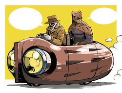  2boys cape car coat commentary_request driving fedora gloves goggles hat looking_away mahito_(tranjistor) mask motor_vehicle multiple_boys nite_owl parody photoshop_(medium) revision rorschach sitting smile speech_bubble superhero_costume three-wheeler trench_coat vehicle_focus watchmen 