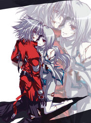  1boy bad_id bad_pixiv_id black_pants blazblue blood eyepatch female grey_hair mono_(sa) nu-13 pants ragna_the_bloodedge red_eyes zoom_layer 