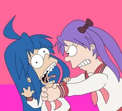  2girls ahoge artist_request blue_hair crossover hiiragi_kagami izumi_konata long_hair lucky_star matt_groening_(style) mole mole_under_eye multiple_girls parody profile purple_hair ryouou_school_uniform school_uniform serafuku simple_background source_request strangling the_simpsons toon_(style) twintails 