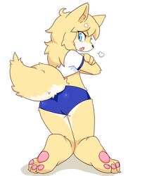  ambiguous_gender angry anthro asian_clothing ass athletic_wear big_butt biped blonde_hair blue_eyes blush bottomless bottomwear buruma canid canine clothed clothing east_asian_clothing female fox gym_uniform hair hi_res inner_ear_fluff japanese_clothing kemono kneeling long_hair looking_at_viewer looking_back mammal open_mouth pawpads raised_tail simple_background solo tail teeth thick_thighs tongue tuft uniform white_background yakimo 