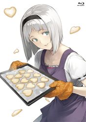  anna_nishikinomiya aqua_eyes baking_sheet blu-ray_cover blu-ray_logo cookie cover female food hairband heart heart-shaped_food heart-shaped_pupils highres imageboard_desourced non-web_source oven_mitts shimoneta_to_iu_gainen_ga_sonzai_shinai_taikutsu_na_sekai shimotsuki_eight short_hair smile solo symbol-shaped_pupils tray white_hair 