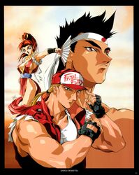  2boys 90s baseball_cap blonde_hair breasts brown_hair cap cleavage dark_skin fan fatal_fury female female garou_densetsu hat highres joe_higashi king_of_fighters male masami_obari mound_of_venus multiple_boys muscle neo_geo oobari_masami ponytail shiranui_mai side_boob sideboob sign smile snk terry_bogard 