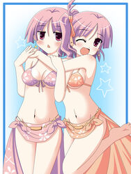  2girls :&lt; bikini bikini_top_only blush breasts cleavage commentary_request earrings front-tie_top h-kyuu_yuugekitai hug jewelry medium_breasts multiple_girls navel one_eye_closed orange_sarong print_sarong purple_hair purple_sarong ritos_tortilla salsa_tortilla sarong short_hair shukufuku_no_campanella side_ponytail smile star_(symbol) swimsuit underboob 