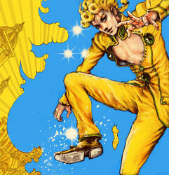  1boy archived_source blonde_hair blue_background blue_eyes braid cogdis derivative_work giorno_giovanna happy jacket jojo_no_kimyou_na_bouken jojo_pose leg_up looking_at_viewer male_focus pants pose shoes simple_background smile solo standing toned toned_male vento_aureo yellow_jacket yellow_legwear 