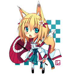  adapted_uniform animal_ears aqua_eyes blonde_hair commentary_request female fox_ears japanese_clothes lowres miko oerba_yun_fang oil-paper_umbrella open_mouth original photoshop_(medium) shirokitsune shiroro short_hair solo umbrella 