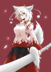  animal_ears bad_id bad_pixiv_id detached_sleeves doseisan_(dosei-san) female glaring hakama hakama_skirt hat highres inubashiri_momiji japanese_clothes red_eyes short_hair simple_background skirt solo sword tail tokin_hat touhou weapon white_hair wolf_ears wolf_tail 