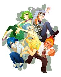  2boys 3girls anger_(inside_out) animification bad_id bad_pixiv_id barefoot blue_eyes blue_hair commentary_request disgust_(inside_out) fear_(inside_out) glasses green_eyes green_hair inside_out joy_(inside_out) multiple_boys multiple_girls mum_(pixiv1182764) necktie open_mouth personification red_hair sadness_(inside_out) short_hair smile 