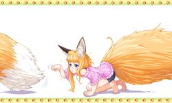  :&lt; all_fours animal_ear_fluff animal_ears bare_legs bare_shoulders barefoot blonde_hair blue_eyes blue_shorts blush commentary_request female fluffy fox_ears fox_girl fox_girl_(jaco) fox_tail framed from_side jaco large_tail long_hair motion_lines original outside_border parted_lips paw_pose paw_print pink_sweater ribbed_sweater shorts simple_background solo sparkle sweater tail tileable white_background 