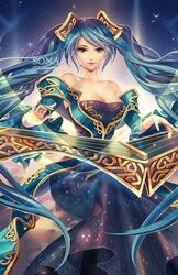  alice_jing aqua_hair blue_dress blue_eyes bow breasts cleavage commentary_request dress etwahl female hair_ornament hairbow instrument large_breasts league_of_legends lips long_dress long_hair looking_at_viewer off_shoulder sitting smile solo sona_(league_of_legends) twintails very_long_hair wide_sleeves 