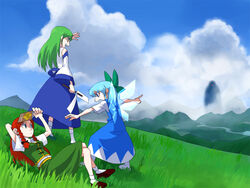  3girls blue_eyes blue_hair book bow chinese_clothes cirno commentary_request covering_own_eyes detached_sleeves friends grass green_hair hairbow hisou_tensoku hong_meiling kansuke_(bubuduke) kochiya_sanae landscape large_bow long_hair long_skirt looking_afar lying multiple_girls no_headwear photoshop_(medium) pointing red_hair river short_hair skirt socks touhou touhou_hisoutensoku white_socks wings 