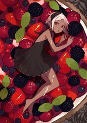  bare_shoulders barefoot berry black_dress blackberry_(fruit) blueberry commentary currant dark-skinned_female dark_skin dress female food from_above fruit fruit_tart halterneck highres horns in_food leaf looking_at_viewer mini_person minigirl mint original pointy_ears raspberry red_eyes red_theme shibainu short_hair solo strawberry tart_(food) white_hair 