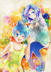  2girls absurdres animification blue_eyes blue_hair blue_theme character_name commentary_request glasses highres inside_out joy_(inside_out) multiple_girls one_eye_closed open_mouth personification photoshop_(medium) sadness_(inside_out) short_hair smile twinkle_(emi519suu013) 