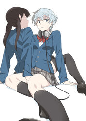  2girls arm_support black_hair black_legwear blazer blue_hair commentary_request headphones headphones_around_neck houkago_saikoro_club jacket long_hair looking_at_viewer multiple_girls ningen_(ningen96) pale_skin plaid plaid_skirt school_uniform short_hair sitting skirt smile takayashiki_aya takekasa_miki thighhighs 