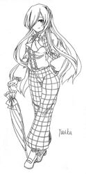  ascot character_name closed_umbrella female greyscale hand_on_own_thigh highres kazami_yuuka kazami_yuuka_(pc-98) long_hair monochrome one_eye_covered pants parody plaid plaid_pants plaid_vest shirt smile symposium_of_post-mysticism touhou touhou_(pc-98) umbrella very_long_hair vest yanmenglong1999 