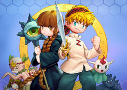  2girls 3boys :d absurdres bald bandana black_robe blonde_hair blue_hair braid brown_eyes brown_hair circlet commentary_request dancing facial_hair gail_(mahoujin_guru_guru) gipple_(mahoujin_guruguru) graphite_(medium) headband highres holding holding_staff holding_sword holding_weapon korean_commentary kukuri_(mahoujin_guruguru) long_hair magic_circle mahoujin_guruguru moustache multiple_boys multiple_girls nike_(mahoujin_guruguru) old old_man open_mouth photoshop_(medium) rladbsckd92 robe smile staff standing sun_hair_ornament sword traditional_media udberg_eldol very_long_hair weapon 