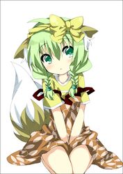  animal_ears aqua_eyes between_legs border braid commentary_request dress female fox_ears green_hair hair_over_shoulder original ribbon saitou_kon shingetsu_takehito sitting solo tail twin_braids v_arms wariza 