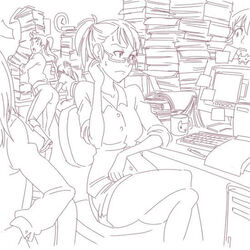  5girls computer glasses kinuko_(fever_chill) kinuko_(mecha_fetus) legs_crossed lowres mariel_cartwright monochrome multiple_girls ponytail shirt sweat thighs worried 