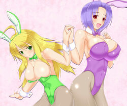  2girls animal_ears blonde_hair blue_hair bow bowtie breasts cleavage commentary_request covered_nipples detached_collar fake_animal_ears green_eyes green_leotard holding_hands hoshii_miki huge_breasts idolmaster idolmaster_(classic) interlocked_fingers large_breasts leotard long_hair miura_azusa multiple_girls pantyhose playboy_bunny purple_leotard rabbit_ears red_eyes rokushiru_(muzai-p) short_hair wrist_cuffs 