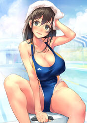  arm_up blue_eyes blush breasts brown_hair cleavage competition_swimsuit day female hair_between_eyes highleg highleg_swimsuit highres huge_breasts kekemotsu long_breasts long_hair looking_at_viewer one-piece_swimsuit open_mouth original outdoors pool sagging_breasts sitting smile solo starting_block swim_cap swim_cap_removed swimsuit towel towel_on_head wet 