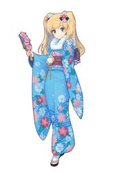  aqua_eyes blonde_hair cordelia_glauca female floral_print flower full_body fur_trim furisode hair_flower hair_ornament highres holding japanese_clothes kimono long_hair long_sleeves nonoya_nayori obi sandals sash simple_background smile solo tabi tantei_opera_milky_holmes toys_drive two_side_up white_background wide_sleeves 