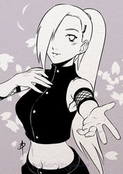  arm_warmers buttoned daniel_macgregor female hair_over_one_eye ino_yamanaka looking_at_viewer midriff monochrome naruto naruto_shippuuden navel ponytail sleeveless smile solo upper_body 