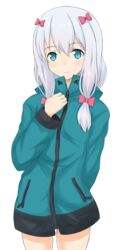  arm_behind_back blue_eyes blue_sweater bow commentary cowboy_shot eromanga_sensei female grey_hair hair_between_eyes hairbow highres izumi_sagiri linfa_(futari_midara) long_hair looking_at_viewer pink_bow simple_background smile solo standing sweater white_background 