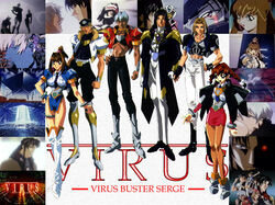  2girls 4boys 90s abs anime armor between_breasts black_hair blue_hair brown_hair cap coat copyright_name erika_tinen everyone futuristic grew_hair group gun hellmet helmet high_ponytail jacket jouichirou legs long_hair looking_at_viewer macus macus_alexander macus_bogard masami_obari miniskirt mirei multiple_boys multiple_girls muscle necktie_between_breasts oerba_yun_fang oldschool oobari_masami pantyhose pencil_skirt police police_girl police_uniform policewoman ponytail raven red_eye red_eyes science_fiction screencap serge skirt smile tall tan twin_braids uniform virus_buster_serge visor weapon 