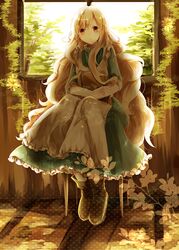  bad_id bad_pixiv_id blonde_hair book chair commentary_request dress female highres kagerou_project kinami_mochiko kozakura_marry leaf long_hair plant red_eyes solo very_long_hair 