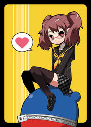  brown_hair commentary_request female glasses imaizumi_teruhiko kujikawa_rise kuma_(persona_4) persona persona_4 school_uniform serafuku skirt thighhighs twintails 