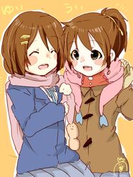  2girls blush_stickers brown_eyes brown_hair closed_eyes coat commentary_request hirasawa_ui hirasawa_yui k-on! mittens multiple_girls natsu_(norari_kurari) ponytail sakuragaoka_high_school_uniform scarf school_uniform short_hair siblings sisters winter_clothes winter_coat 