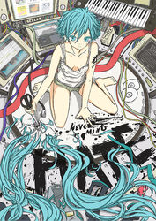  alternate_hairstyle angry arakawa_(aintnoroom) bare_shoulders barefoot blue_eyes blue_hair breasts cameo charm_(object) cleavage cutting_hair duplicate female frown hatsune_miku heartbreak_haircut instrument keyboard_(instrument) kneeling medium_breasts megurine_luka monitor sad scissors severed_hair short_hair solo takoluka tears vocaloid 