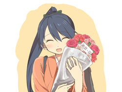  black_hair bouquet carnation closed_eyes commentary_request female flower houshou_(kancolle) japanese_clothes jewelry kantai_collection long_hair mother&#039;s_day open_mouth pink_carnation pink_flower ponytail red_carnation red_flower ring shimotsuki_iko smile solo wedding_ring white_carnation white_flower 