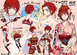  alternate_costume armor bare_shoulders blush cape commentary_request english_text faithoala female fire_emblem fire_emblem_fates gloves grin hair_ornament hinoka_(fire_emblem) japanese_clothes kimono photoshop_(medium) polearm red_hair reference_sheet short_hair smile weapon 