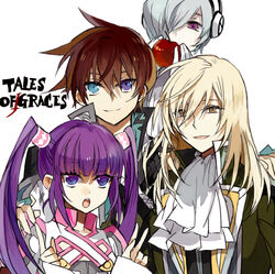  3boys apple asbel_lhant ascot blonde_hair blue_eyes brown_eyes brown_hair chinese_commentary commentary_request copyright_name female food fruit grey_hair heterochromia lambda_(tales) multiple_boys official_alternate_costume partial_commentary photoshop_(medium) purple_eyes purple_hair richard_(tales) sophie_(tales) sophie_(toast_of_the_town)_(tales) starshadowmagician tales_of_(series) tales_of_graces twintails white_background 