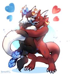  ambiguous_gender anthro antlers blush digital_media_(artwork) dragon duo female ferrin fur hair heart_symbol hi_res horn hug hugging_another hybrid lad_(samwellgumgi) male mammal mythological_creature mythological_scalie mythology nozomyarts open_mouth pawpads sam_(samwellgumgi) scalie simple_background smile tail 