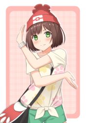  :3 beanie blush brown_hair commentary cosplay english_commentary female green_eyes hat highres idolmaster idolmaster_cinderella_girls kurisu-kun looking_at_viewer maekawa_miku oerba_yun_fang pokemon pokemon_sm pose selene_(pokemon) selene_(pokemon)_(cosplay) short_hair solo z-move z-move_trainer_pose 