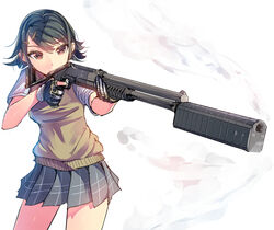  black_hair brown_eyes commentary_request daito female gloves gun hair_ornament hairclip original rmb-93 school_uniform shotgun skirt solo suppressor sweater_vest weapon 