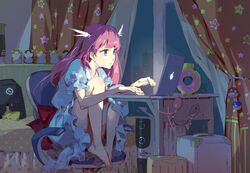  :/ animal_ear_headphones animal_ears barefoot bedroom blue_dress blue_eyes cameo cat_ear_headphones chair chinese_commentary commentary_request computer curtains desk dress fake_animal_ears feet_on_chair female full_body great_ball hair_ornament head_wings headphones headphones_removed indoors knees_up laptop long_hair looking_at_screen night office_chair official_art original photoshop_(medium) pikachu poke_ball poke_ball_(basic) pokemon pokemon_(creature) polka_dot purple_hair screen_light sitting solo stuffed_animal stuffed_hamster stuffed_toy suitcase swivel_chair tennohi themed_object window wings 