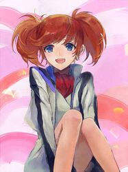  :d bad_id bad_pixiv_id blue_eyes commentary_request cropped_jacket female jacket karimero_(calimer0) mikagami_mimika open_mouth pink_background red_hair short_hair short_twintails sitting skirt smile solo soukyuu_no_fafner twintails uniform 