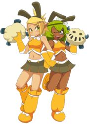  2girls ;) alternate_costume amalia_sheran_sharm animal_ears bandaid bandaid_on_face bandaid_on_nose blush boots breasts brown_eyes bruise bruised_eye cheerleader commentary_request cra_(wakfu) crop_top crop_top_overhang dark-skinned_female dark_skin elbow_gloves evangelyne_(wakfu) fake_animal_ears fen_(gunpura) gloves green_hair hair_ornament hairclip injury knee_boots locked_arms long_hair midriff miniskirt multiple_girls navel one_eye_closed rabbit_ears sadida skirt small_breasts smile wakfu 