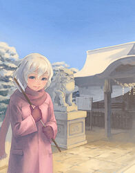  arrow_(projectile) blue_eyes coat female gloves komainu lowres original outdoors scarf shrine smile snow solo statue weno weno&#039;s_blonde_original_character white_hair 