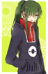  commentary_request female green_hair hair_over_one_eye hand_in_pocket high_collar highres hood hoodie kagerou_project kido_tsubomi long_hair long_sleeves open_mouth ponytail red_eyes ringomaru solo yellow_background zipper 