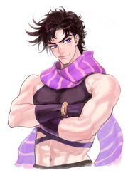  1boy abs bad_id bad_pixiv_id bare_shoulders battle_tendency black_hair brown_hair closed_mouth crop_top crossed_arms jojo_no_kimyou_na_bouken joseph_joestar joseph_joestar_(young) macaroni_(piyo4508) male_focus midriff navel pectorals scarf short_hair simple_background smirk solo striped_clothes striped_scarf tight_top upper_body white_background 