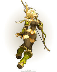  armor bare_shoulders black_thighhighs blonde_hair blush bow_(weapon) braid breasts bridal_gauntlets commentary_request cra_(wakfu) detached_sleeves elbow_gloves evangelyne_(wakfu) female folded_ponytail forehead freckles full_body gloves greaves green_eyes halterneck large_breasts looking_up miniskirt narrow_waist navel open_mouth pauldrons photoshop_(medium) pointy_ears short_hair shoulder_armor side_braid single_braid skirt solo thighhighs vambraces wakfu watermark weapon web_address wide_hips xaxaxa zettai_ryouiki 