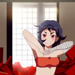  animated animated bakemonogatari bandages bandeau black_hair blush book chuunibyou_demo_koi_ga_shitai! dancing female justin_leyva_(steamy_tomato) kanbaru_suruga looping_animation lowres monogatari_(series) parody red_eyes smile solo sparkling_daydream strapless 