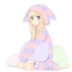  :&lt; animal_hood aqua_eyes barefoot blonde_hair blush closed_mouth colored_stripes commentary_request eyebrows female full_body holding holding_pillow hood hooded_pajamas hoodie kani_biimu leg_warmers long_hair looking_at_viewer original pajamas pillow rabbit_pajamas shimotsuki_potofu simple_background sitting sleeves_past_wrists socks solo striped_clothes striped_hoodie striped_socks toeless_legwear wariza white_background zipper 