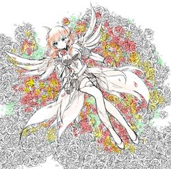  armor armored_dress bare_shoulders belt bow braid commentary_request dress feathered_wings female fire_valkyrie_(p&amp;d) flower full_body gauntlets grass green_eyes hair_ornament knee_up knees_together_feet_apart leaf lying on_back orange_flower orange_hair orange_rose petals pikomarie plant puzzle_&amp;_dragons red_flower red_rose rose simple_background sleeveless sleeveless_dress solo spot_color thorns twin_braids valkyrie valkyrie_(p&amp;d) vines white_background wings yellow_flower yellow_rose 