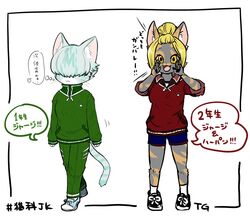  artist_request blonde_hair blue_hair eye_covering feline furry long_hair open_mouth sportswear 