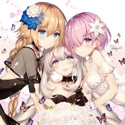  3girls bare_shoulders blonde_hair blue_eyes blush bouquet braid breasts bug butterfly cleavage commentary_request dress fate/grand_order fate_(series) flower girl_sandwich grey_hair hair_flower hair_ornament hair_over_one_eye jeanne_d&#039;arc_(fate) jeanne_d&#039;arc_(formal_dress)_(fate) long_hair looking_at_viewer marie_antoinette_(fate) marie_antoinette_(formal_dress)_(fate) mash_kyrielight mash_kyrielight_(formal_dress) medium_breasts multiple_girls necomi official_alternate_costume open_mouth purple_eyes purple_hair sandwiched short_hair signature single_braid small_breasts smile twintails 