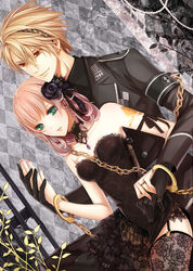  1boy amnesia_(idea_factory) argyle_background armband bare_shoulders black_flower black_rose blonde_hair brown_hair chains commentary_request cuffs dutch_angle female fishnet_thighhighs fishnets flower gloves green_eyes grey_background hair_flower hair_ornament hairband hairpin handcuffs heroine_(amnesia) jacket ouka_mai rose short_hair skirt tattoo thighhighs toma_(amnesia) yellow_eyes 